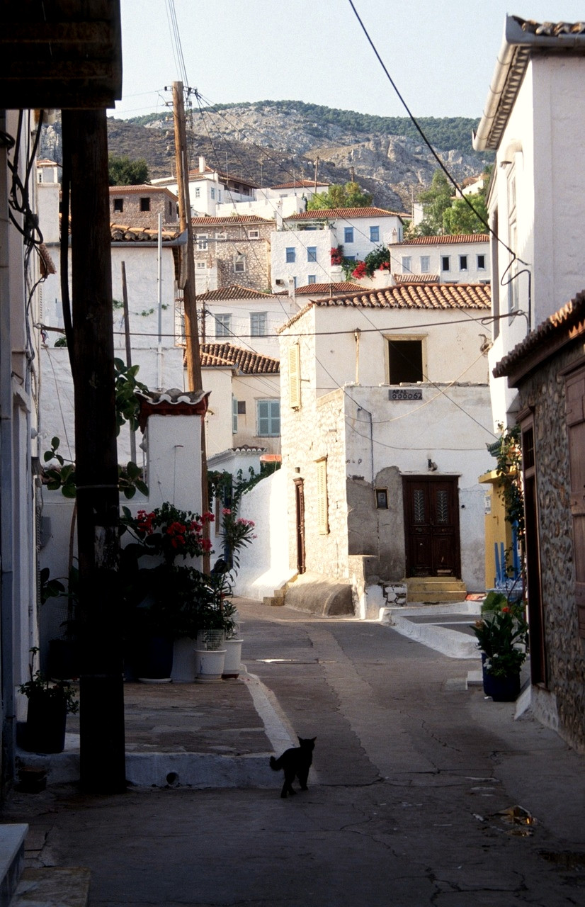 Ruelle pavée bordée de maisons de pierre - Hydra, Grèce © Herbert Ortner / Wikimedia (CC BY 3.0)