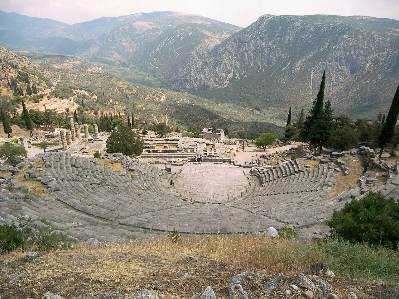 La vallée d'oliviers au pied du théâtre antique de Delphes