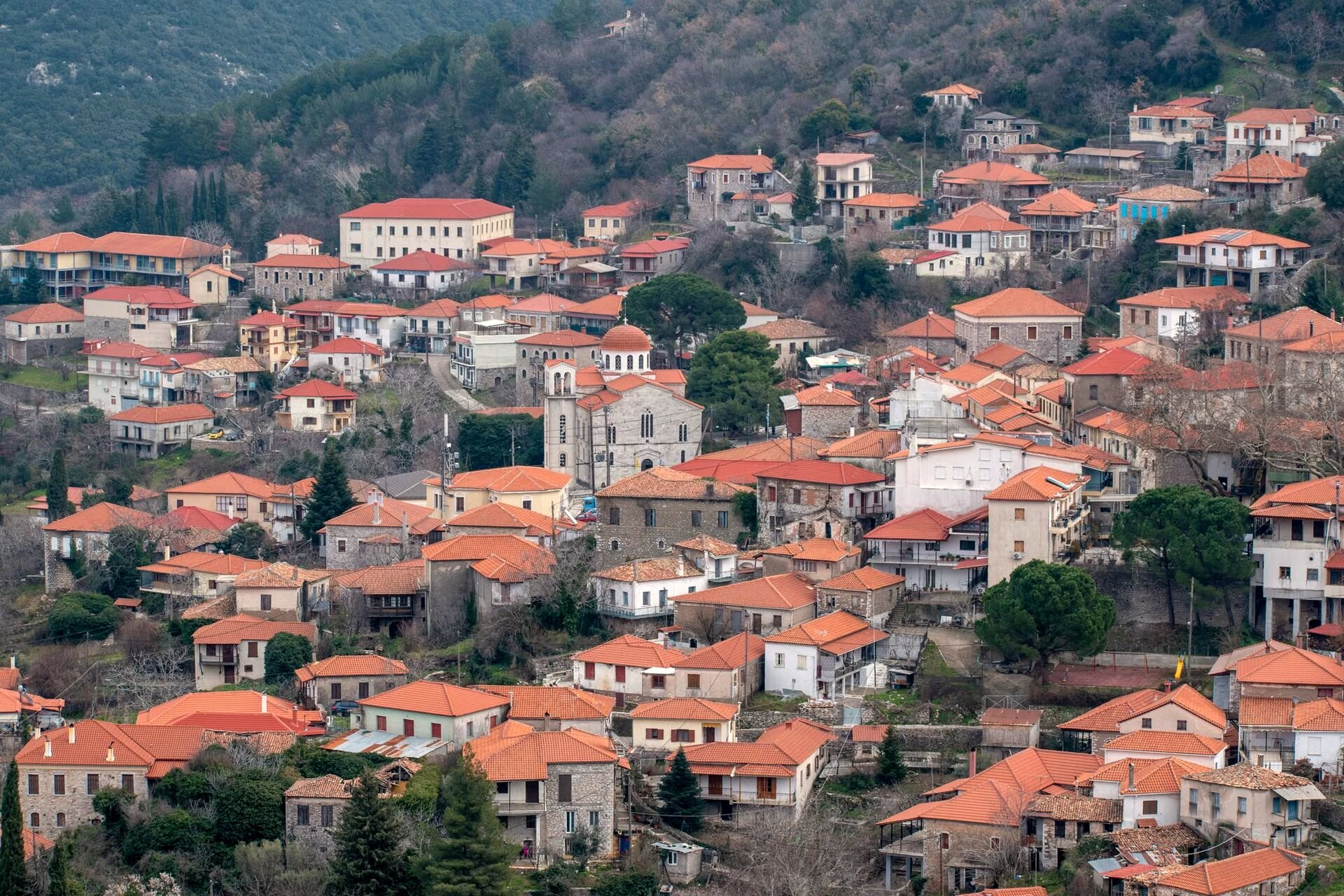 Maisons aux toits de tuiles d'Arachova sur les pentes du Parnasse - Grèce