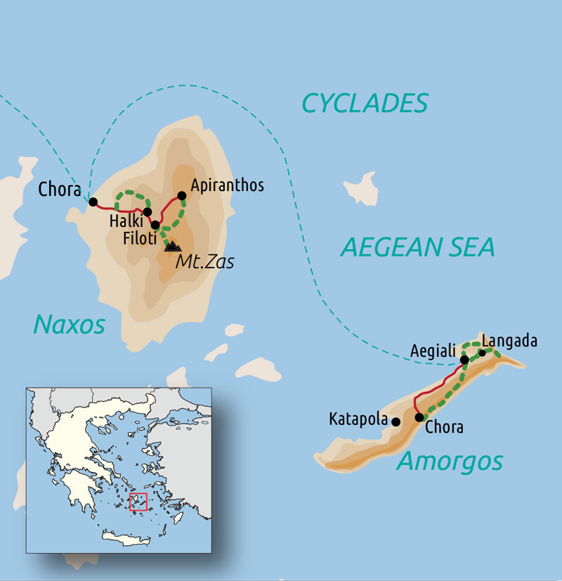 Cyclades travel map: Naxos and Amorgos 