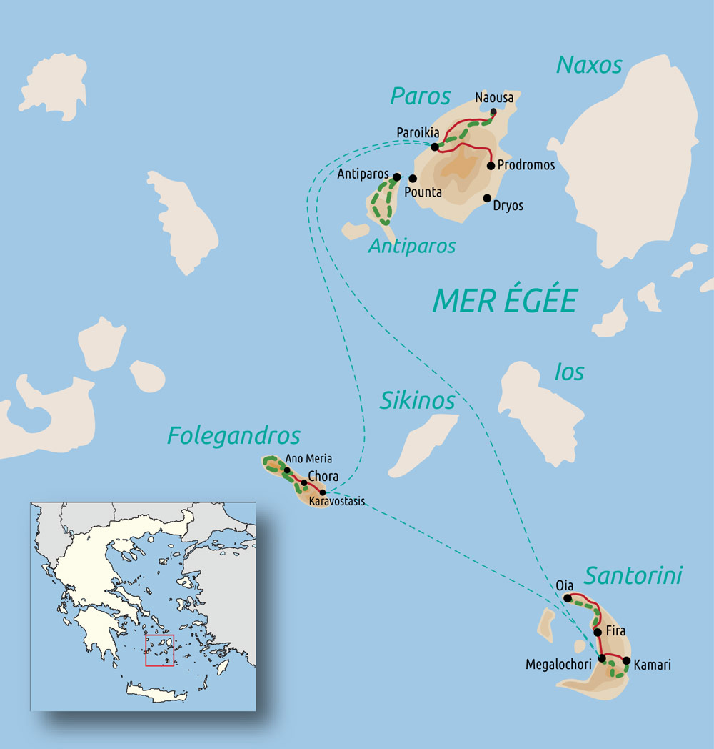 Carte du voyage Bouquet de Cyclades : Santorin, Paros et Folégandros