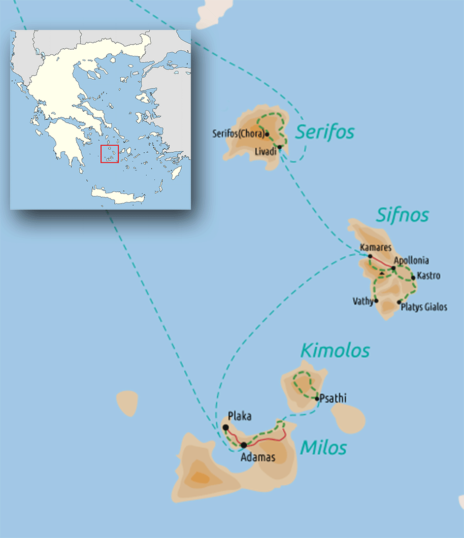 Cyclades map: Serifos, Sifnos and Milos