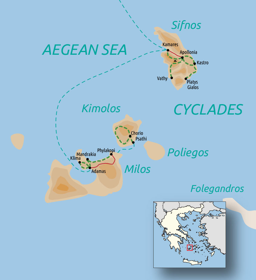 Map of Sifnos, Milos and Kimolos: wonders of the Cyclades 